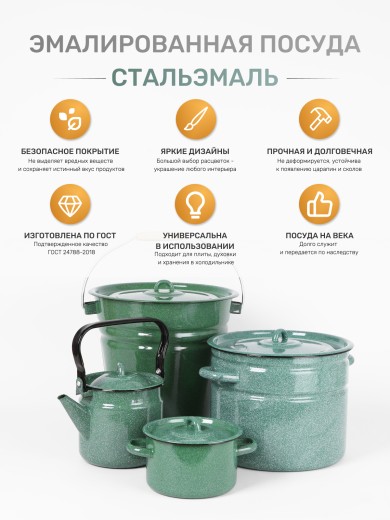 Ведро эмалированное 12 л, с крышкой, Стальэмаль 2с28, без рисунка, изумрудный, с зерном