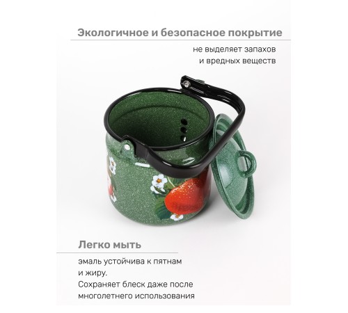 Чайник эмалированный  2 л, Стальэмаль 1с25с, Клубника садовая изумрудный, с зерном