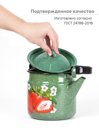 Чайник эмалированный  2 л, Стальэмаль 1с25с, Клубника садовая изумрудный, с зерном