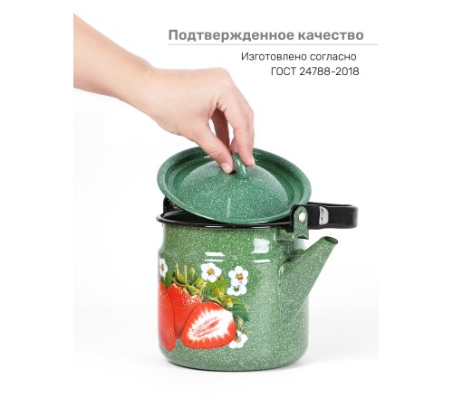 Чайник эмалированный  2 л, Стальэмаль 1с25с, Клубника садовая изумрудный, с зерном