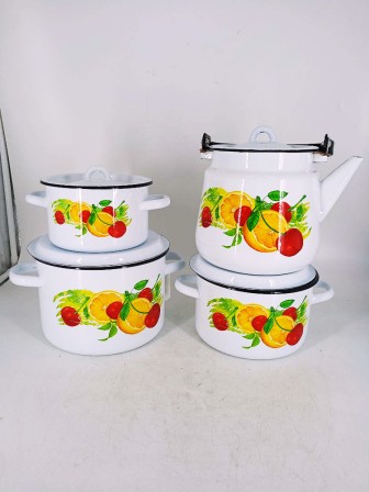 Уценка 25-2382 Набор кастрюль эмалированных (1,5 л, 2,9 л, 4,5 л, 3,5 л) л, Стальэмаль 1с142, Фрутта, белоснежный