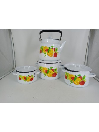 Уценка 25-2246 Набор кастрюль эмалированных (1,5 л, 2,9 л, 4,5 л, 3,5 л) л, Стальэмаль 1с142, Фрутта, белоснежный