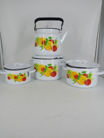 Уценка 25-2246 Набор кастрюль эмалированных (1,5 л, 2,9 л, 4,5 л, 3,5 л) л, Стальэмаль 1с142, Фрутта, белоснежный