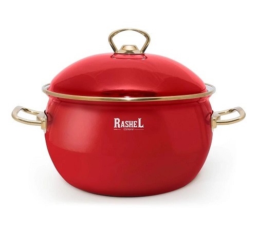 Кастрюля RASHEL PREMIUM R1818 3л, эмаль, эмал.крышка, ручки золото, красная