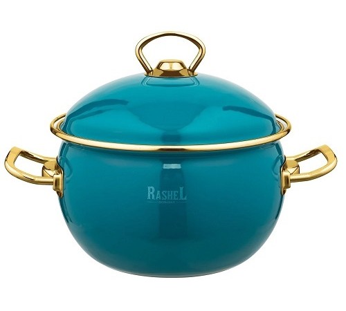 Кастрюля RASHEL PREMIUM R1418 3л, эмаль, эмал.крышка, ручки золото, бирюзовый, индукция