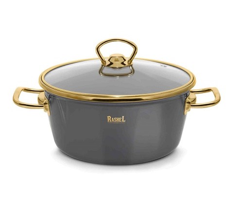 Кастрюля RASHEL Grand R0818 2,1л эмаль, ст.крышка, ручка золото; графитовый, индукция
