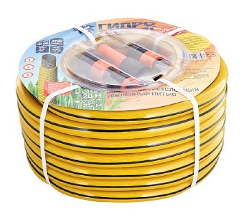 Шланг Гидроагрегат 20м ПВХ 3/4, желтый с черн.полосой+н/р коннекторов