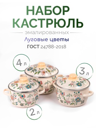 Набор кастрюль эмалированных (2 л, 3 л, 4 л) л, Стальэмаль 3КА021М, Луговые цветы, слоновая кость