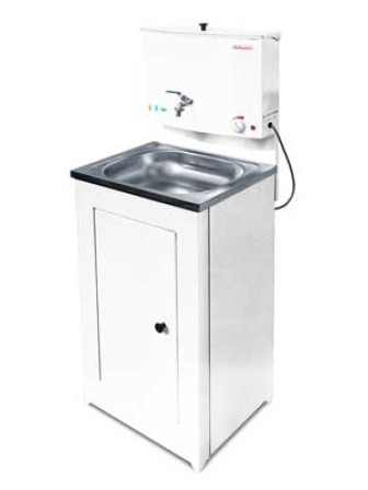 Умывальник для дачи Акватекс с нагревом воды (ЭВН), 17 л, тумба стальная белая, нержавеющая мойка